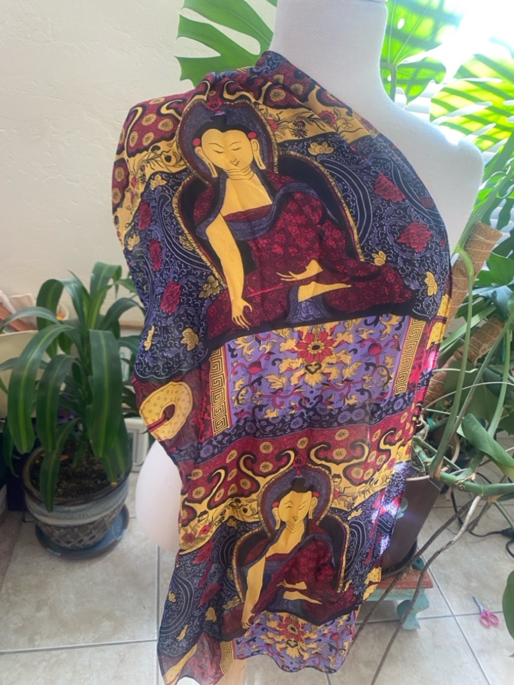 Buddha Print Lightweight Scarf in Navy, Red & Gold - Picture 3 of 3